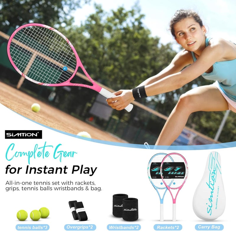 SIMTION 27 Inch Tennis Rackets Set, 2 Player Pre-StrungTennis Racquets for Adults, 2 Overgrip Tapes, 3 Balls, 2 Wristbands and Carrying Bag, for Beginner and Professional - Image 2